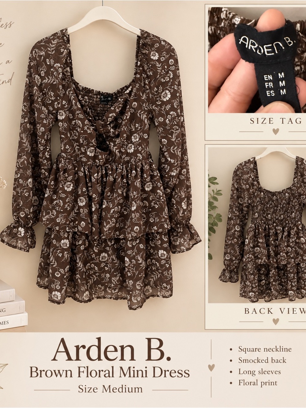 Arden B Brown Floral Long Sleeve Mini Dress Size Medium